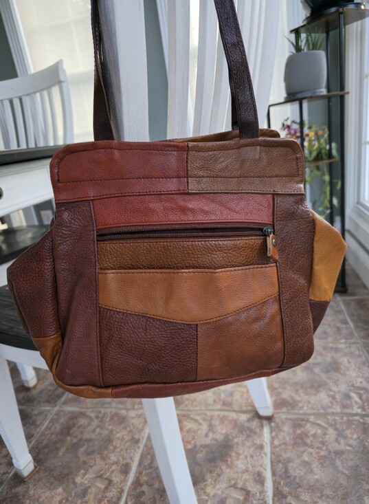 Handbags - MEXI MEXI Patchwork Leather Messenger Bag in Brown/Red/Tan